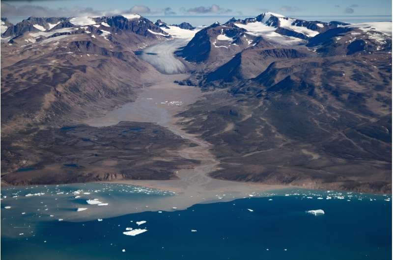 This aerial photograph taken on August 11, 2023, shows a glacier around &quot;Constable Point&quot; severely melted due to warm temperatures along the Scoresby Sound Fjord, in Eastern Greenland