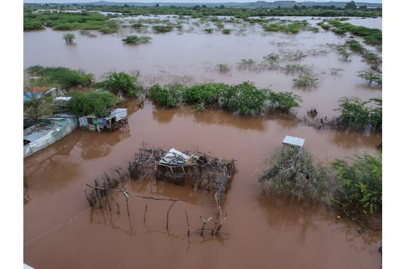 This aerial view shows a general view of a flooded area in Dolow, Somalia following devastating floods on November 25