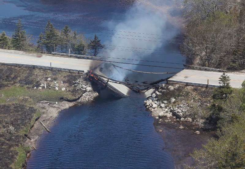 This May 31, 2023, image courtesy of the Nova Scotia government in Canada, shows the collapsed bridge between Clyde River and Po