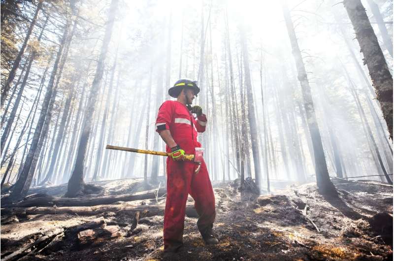 This photo provided by the province of Nova Scotia shows a firefighter battling a forest blaze near Tantallon on May 30, 2023