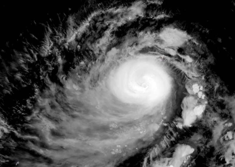 This satellite image shows Typhoon Mawar, over Guam on May 24, 2023, at 11:40 UTC -- Mawar roared over the US territory of Guam,
