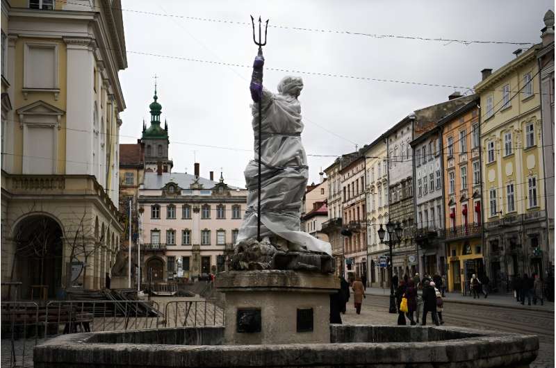 Ukraine has been trying to protect its sites from Russian attack, like this statue in Lviv