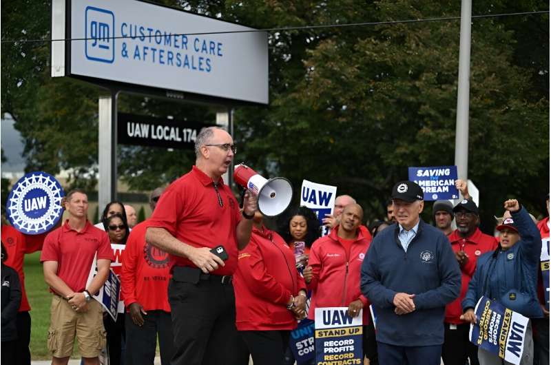 United Auto Workers (UAW) President Shawn Fain appeared with US President Joe Biden last month at a picket in front of a General Motors Service Parts Operations plant in Michigan