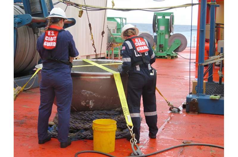 US Coast Guard engineers survey the recovered titanium endcap of the Titan sumbersible on October 1, 2023