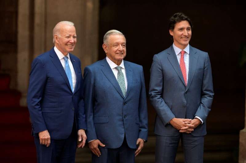 US President Joe Biden, Mexican President Andres Manuel Lopez Obrador and Canadian Prime Minister Justin Trudeau meet at the Nat