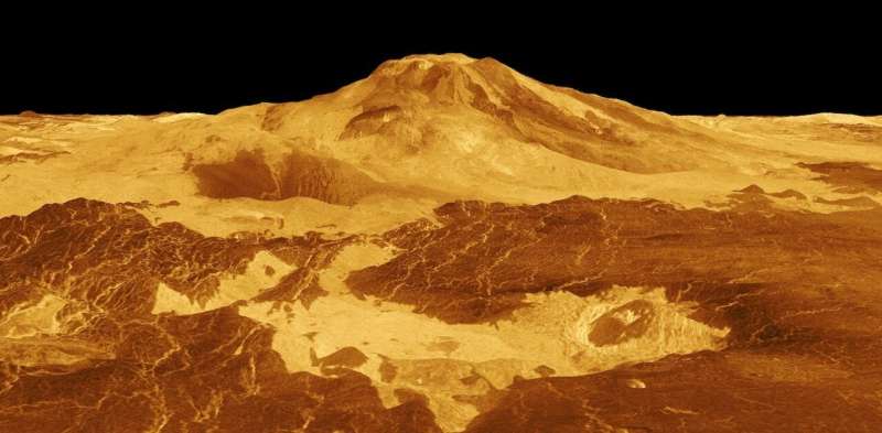 A perspective view across Maat Mons on Venus, based on Magellan radar data. Credit: NASA/JPL