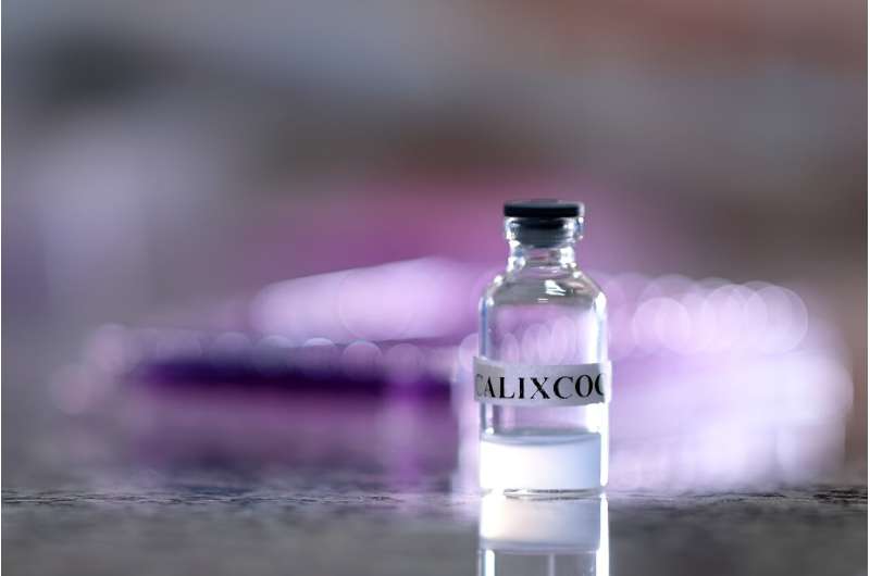 View of a vial of Calixcoca, a vaccine for cocaine and crack addiction being developed at the Federal University of Minas Gerais in Brazil