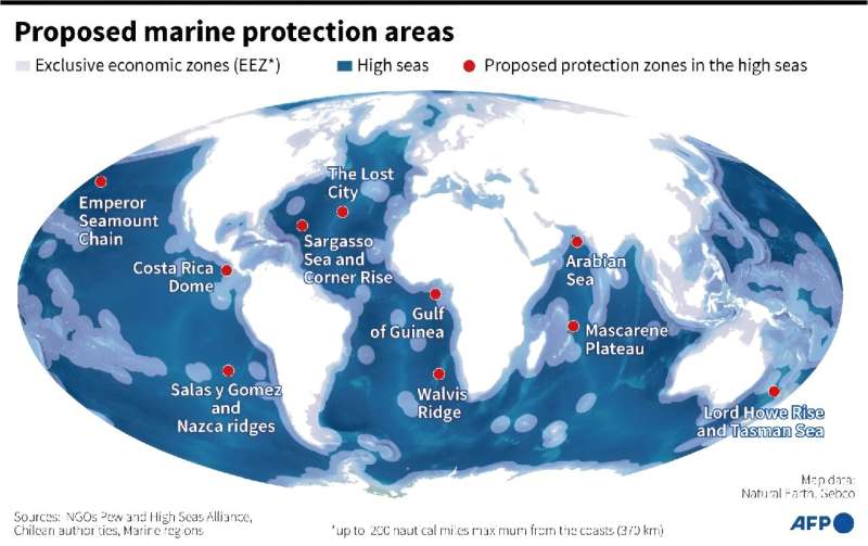 World map showing exclusive economic zones and priority marine zones to protect, according to non-government organisations, the 