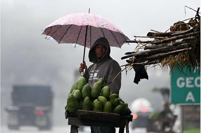 A farmer sells guanabas on a highway in the pouring rain in Honduras