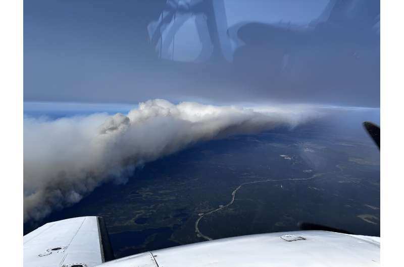 A July 12, 2024 aerial view of a wildfire near Canada's northeastern town of Wabush