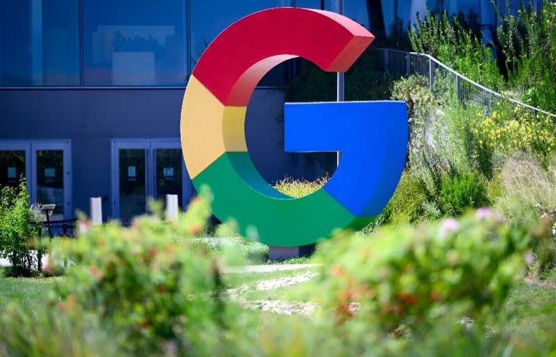 A large Google logo is seen at Google's Bay View campus in Mountain View, California