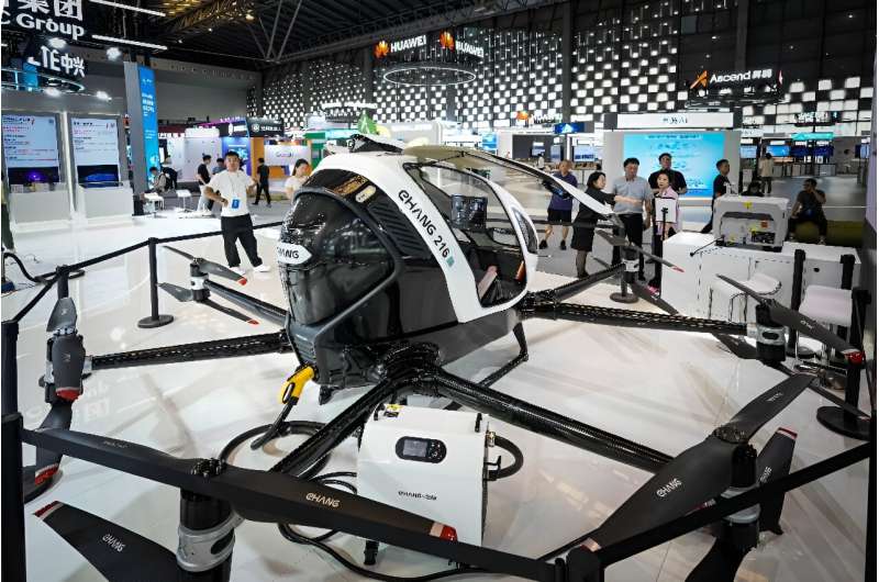 A passenger-carrying electric unmanned aerial vehicle on display in Shanghai