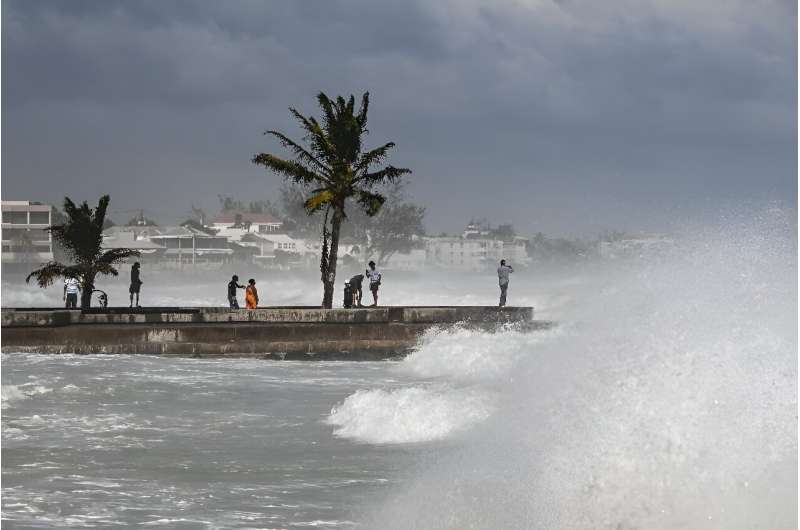 A pier during a high tide after the passage of Hurricane Beryl in Oistins near Bridgetown, Barbados.