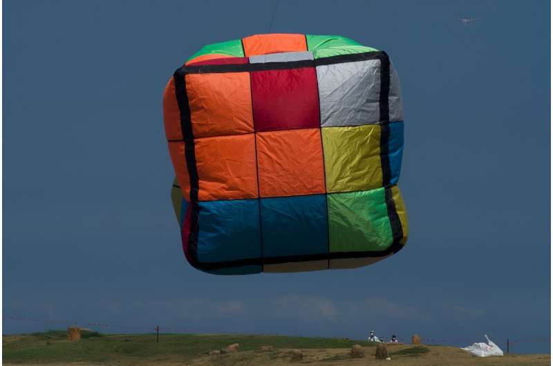 A Rubik's Cube-shaped kite at a kite festival in Hsinchu, Taiwan