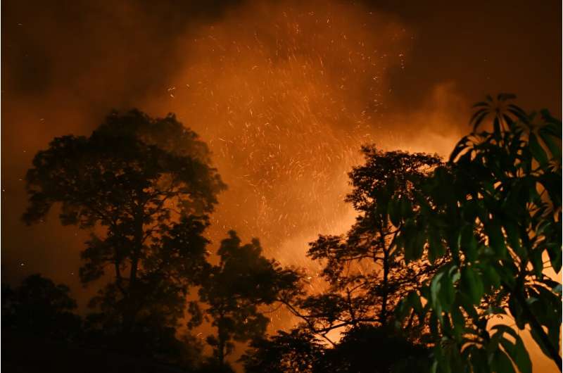 A wild fire burns near the village of Lubhu in Lalitpur district, on the outskirts of Kathmandu, overnight on May 1, 2024
