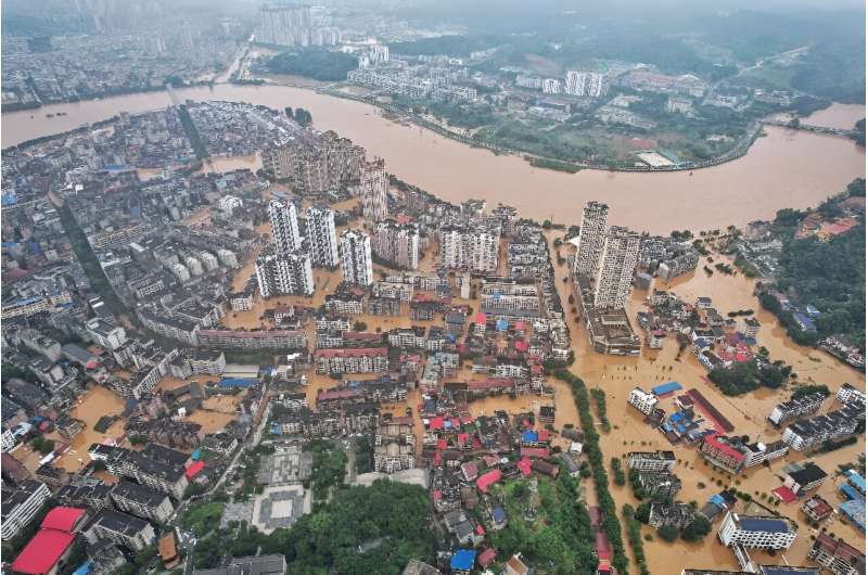 An aerial view of flooded buildings and streets in central China's Hunan province following heavy rains this week