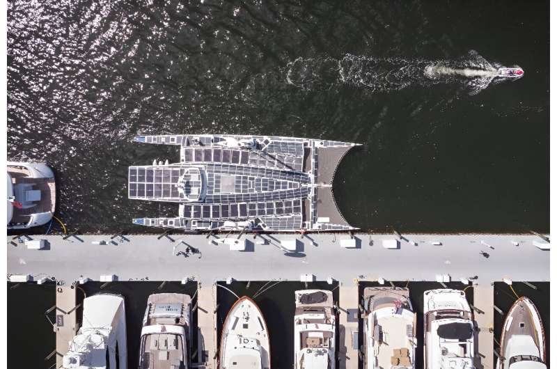 An aerial view of the Energy Observer, the first hydrogen-powered, zero-emission vessel to be self-sufficient in energy, while moored at Pier Sixty Six Marina in Fort Lauderdale, Florida, on February 27, 2024