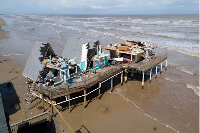 An aerial view shows a destroyed waterfront home in Surfside Beach, Texas, after Hurricane Beryl made landfall
