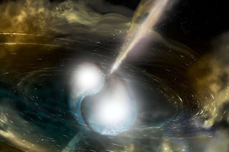 An artist's illustration of two neutron stars merging, creating a gamma-ray burst