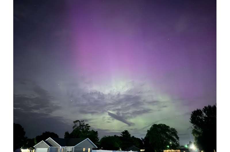 An aurora is seen over Ohio in the United States during a geomagnetic storm on May 10, 2024