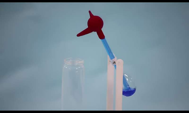 An electricity generator inspired by the drinking bird toy powers electronics with evaporated water