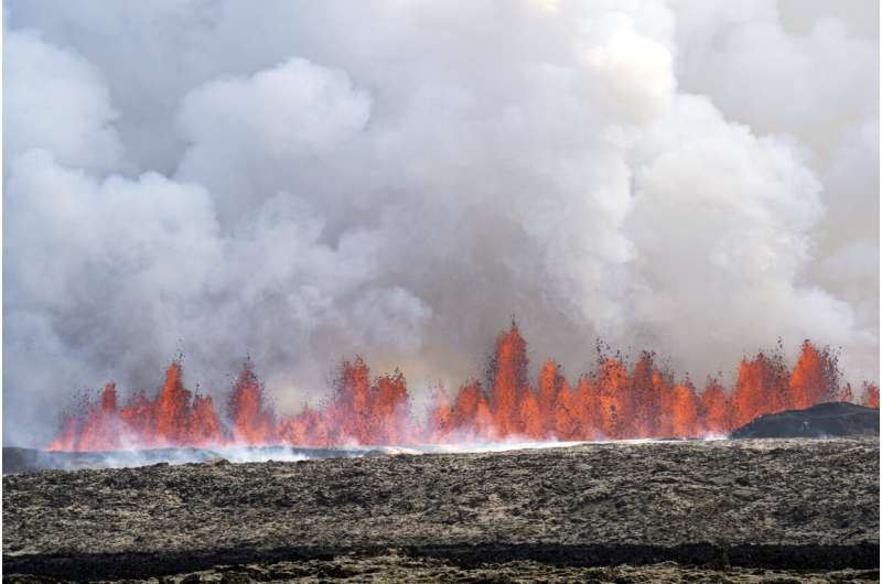 An Iceland volcano starts erupting again, spewing lava into the sky