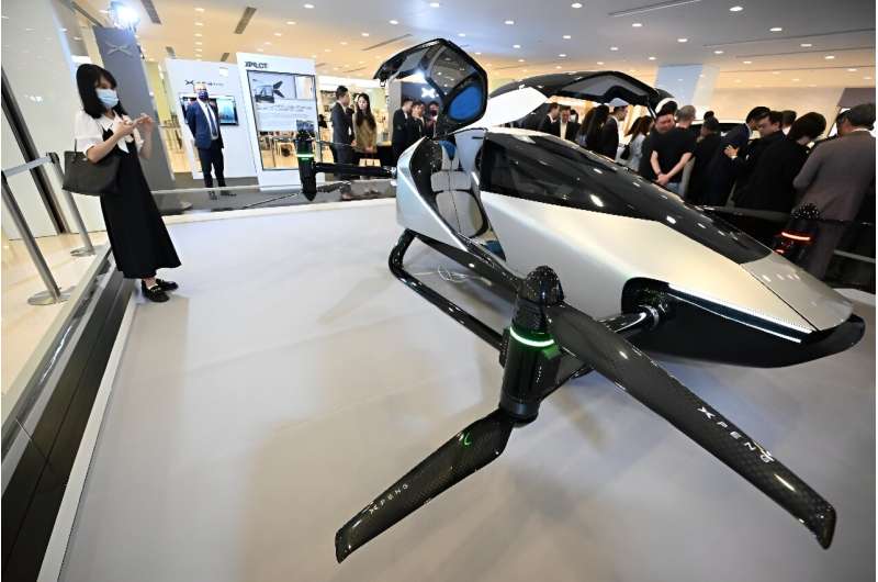 An Xpeng AeroHT X2 Flying Car on display in Hong Kong at the launch of Xpeng vehicles into the city for the first time