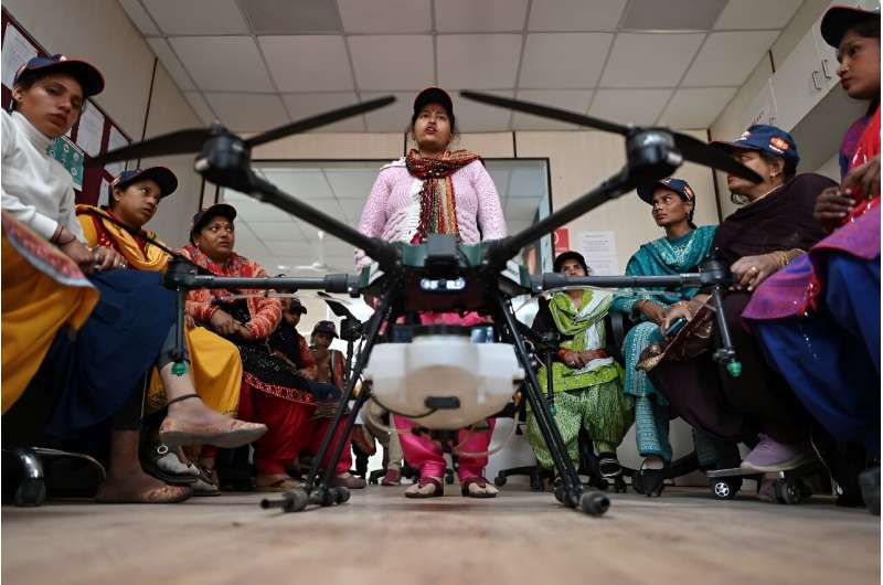 Aspiring drone pilots attend a class under the Indian government-backed &quot;Drone Sister&quot; programme