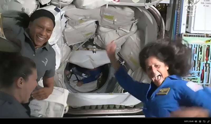 Astronaut Suni Williams, seen on the right, performed a short dance to celebrate her third arrival on the ISS