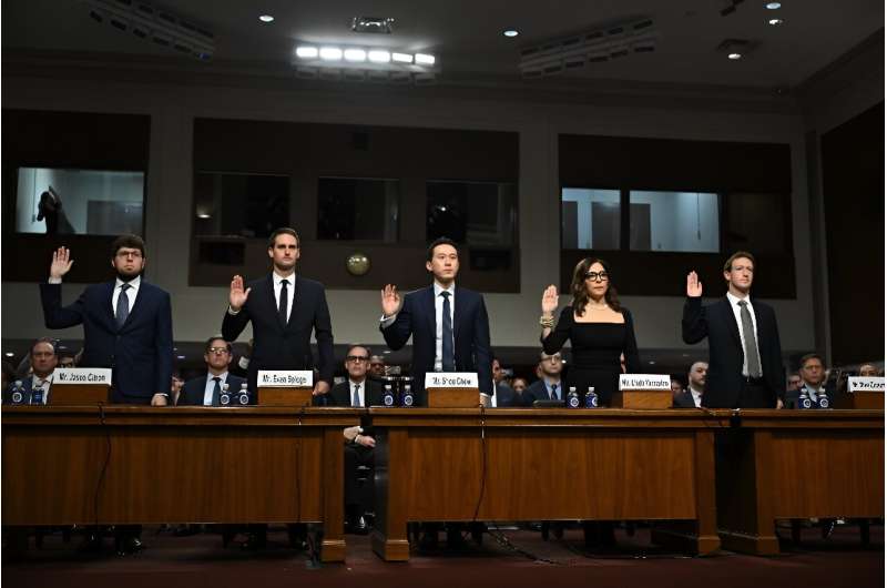 CEOs Jason Citron of Discord, Evan Spiegel of Snap, Shou Zi Chew of TikTok, Linda Yaccarino of X and Mark Zuckerberg of Meta are sworn in during a US Senate Judiciary Committee hearing