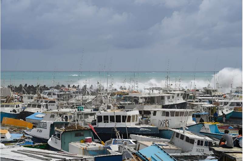 Damaged fishing boats pile up against each other after Hurricane Beryl at the Bridgetown Fish Market, Bridgetown, Barbados on July 1, 2024