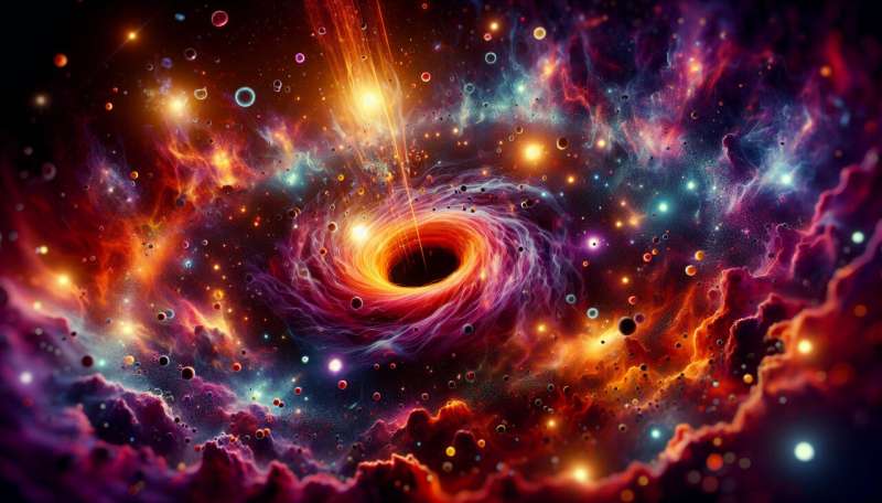 Depiction of a primordial black hole forming amid a sea of hot, color-charged quarks and gluons
