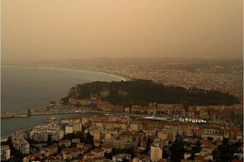Dust blown in from the Sahara creates a haze above the French riviera city of Nice, prompting air quality warnings