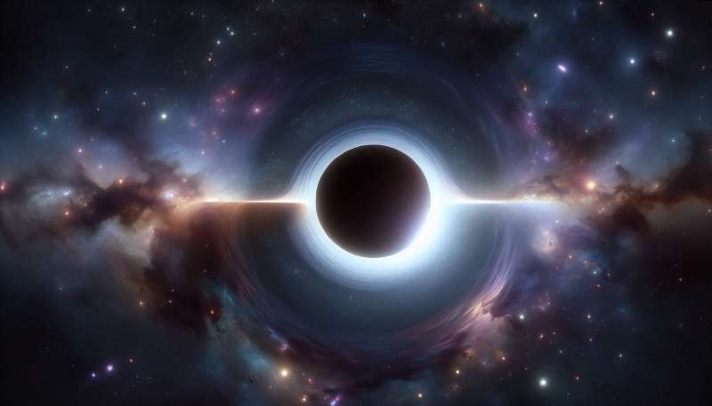 event horizon of a black hole -- make a realistic image of space in the background, and a black circle in the middle, which represents a black hole, with slight light shining around the black circle