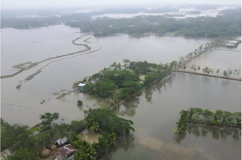 Flooded land in Bangaldesh near Patuakhali. Cyclone Remal, which made landfall in low-lying Bangladesh and neighbouring India on Sunday evening, killed at least 38 people in both nations -- and impacted millions more