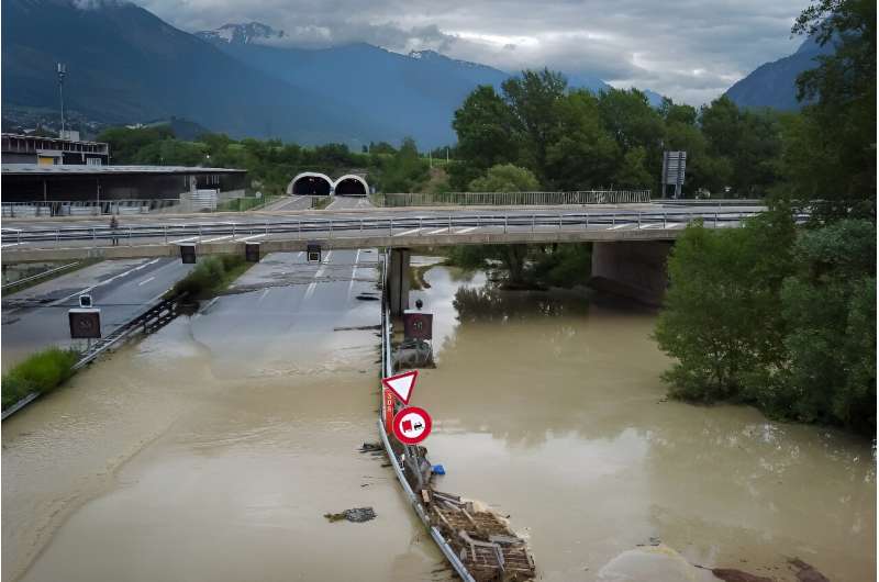 Floodwaters near Sierre, Switzerland on Sunday