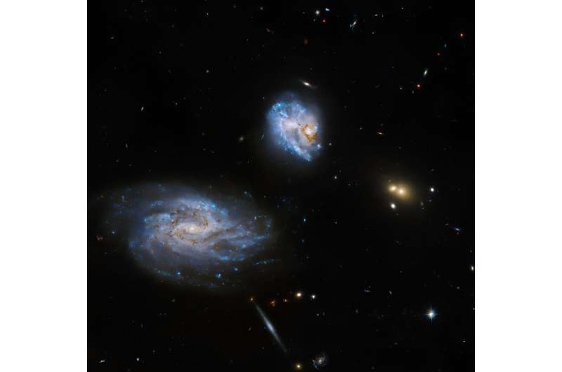 Hubble observes an askew galaxy coaxing star formation from its partner 