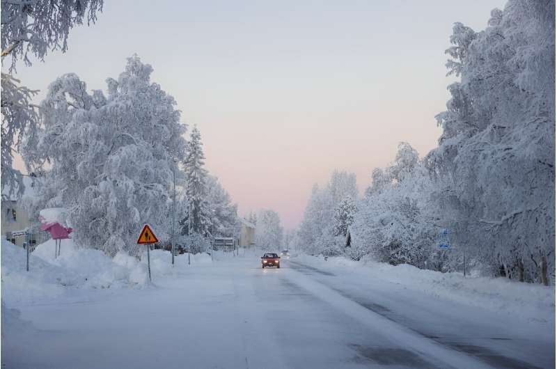 Icy roads in the village of Vittangi, northern Sweden, where temperatures dropped to -38.9 degrees Celsius on January 3, 2024