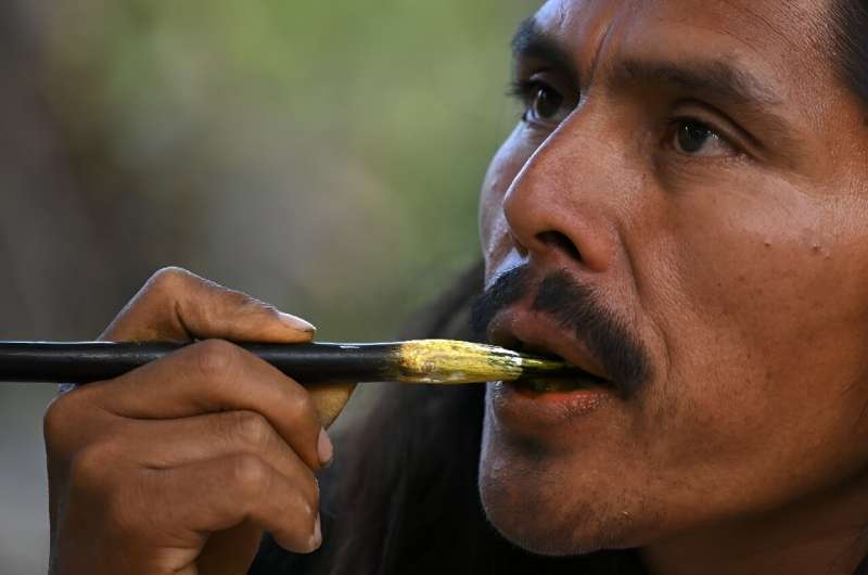 In a form of active meditation, the Arhuaco's 'mamos' spiritual leaders place a wooden stick in their mouths before removing it and rubbing it around a gourd -- transferring their thoughts to the hollowed-out fruit