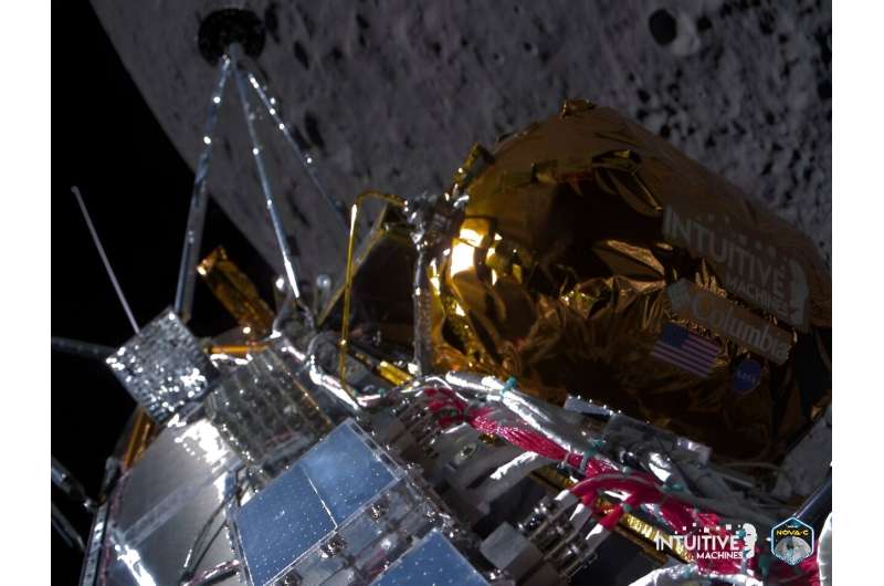 In this photo courtesy of Intuitive Machines, Odysseus passes over the near side of the Moon
