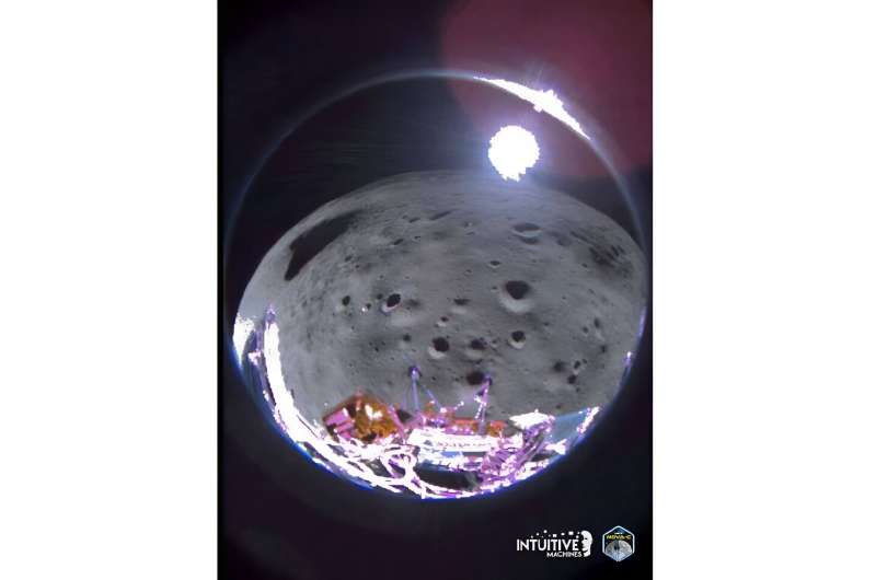 Intuitive Machines posted a picture taken 35 seconds after its lander fell over, revealing the pockmarked regolith of the Malapert A impact crater