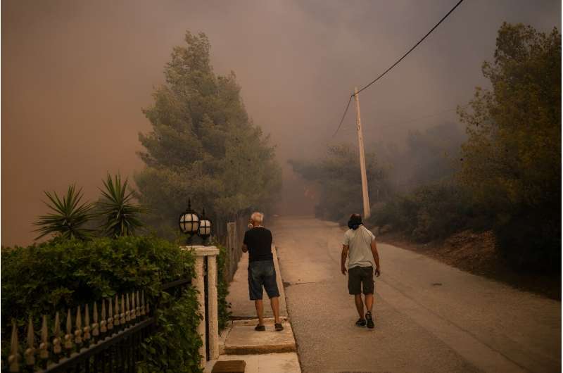 Local residents watch a wildfire in Dione outside Athens