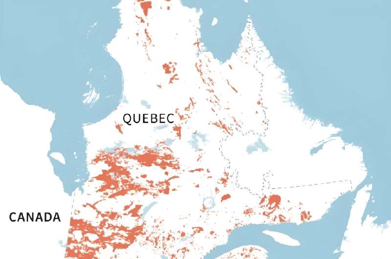 Map showing active mining claims in Quebec, according to data from the Canadian province's ministry of natural resources and forests