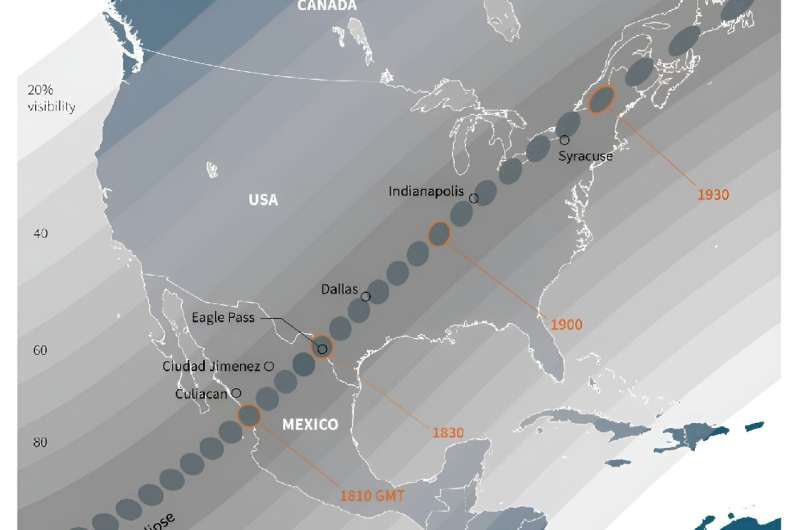 Map showing the April 8 solar eclipse's path of totality