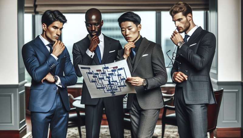 men in suits examining and discussing the complex ownership dynamics of private companies