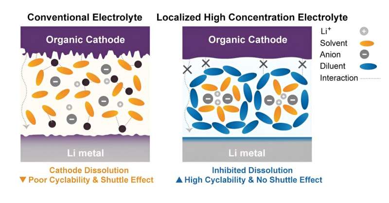 Non-solvating electrolytes enhance performance of organic electrode-based batteries