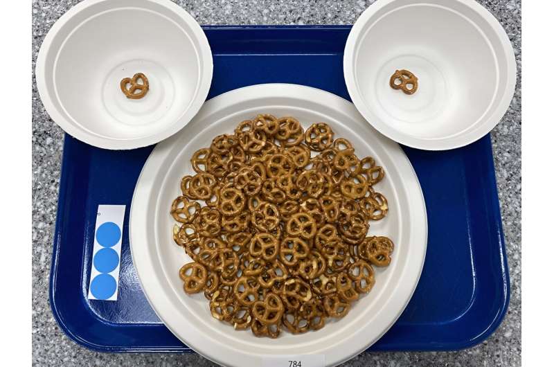 Pretzel size affects intake by governing how quickly a person eats and how big their bites are
