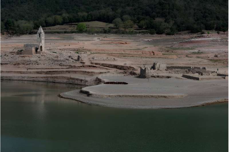 Reservoirs have dried up so much that old buildings, such as this church, have resurfaced