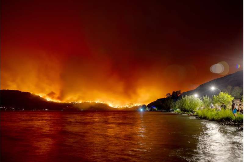 Residents watched from the water's edge the McDougall Creek wildfire in West Kelowna in western Canada in August 2023