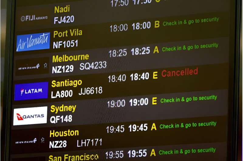 Screens display flight information for a LATAM Airlines flight at Auckland International Airport in Auckland on March 12, 2024